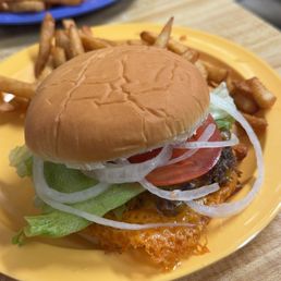 a cheeseburger and fries
