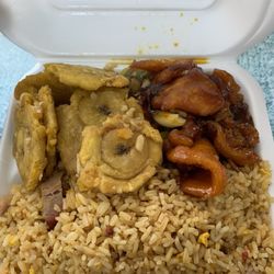 Pagoda China - Orange chicken with pork fried rice and Tostones.