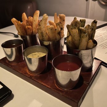 Bourbon Steak - Complimentary duck fat fries with 3 different flavored salts and 3 different dips - all awful - Steakhouses Near Me - Glendale, California