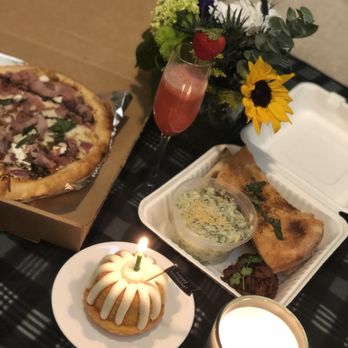 bellagreen - Fig & Pig Pizza and Spinach Artichoke Dip (don't mind my Bundt cake, champagne, and candle ) - New American Near Me - Dallas, Texas