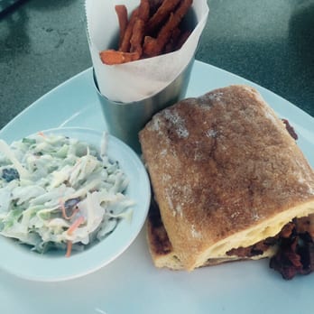Parkers' Lighthouse - My custom made "cheese bread pulled pork BBQ" sandwich. The sweet potato fries were delish! - Seafood Near Me - Long Beach, California
