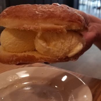 Knead Doughnuts - Vanilla Glazed donut with French vanilla ice cream inside - Donuts Near Me - Providence, Rhode Island Knead Doughnuts - Vanilla Glazed donut with French vanilla ice cream inside - Donuts Near Me - Providence, Rhode Island