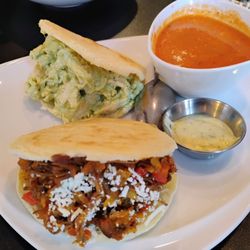 The Alembic Stillhouse - Pabellon arepa with tomato basil soup $15 plus additional $9 for the Reina arepa.