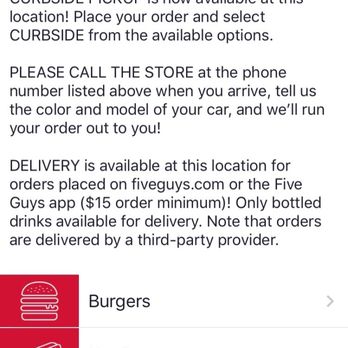 Five Guys - Menu selections and step-by-step instructions for curbside pickup and delivery. - Burgers Near Me - Sunrise, Florida
