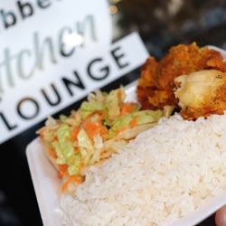 G's Pot Caribbean Kitchen & Lounge - Ms. Jackie Barbie Fry Chicken with white rice and Salad