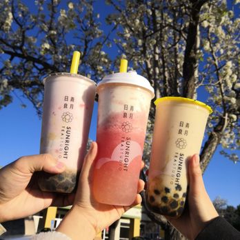 Sunright Tea Studio - Sunnyvale - Strawberry Frostie with boba (left), Strawberry Jasmine Tea with cheese foam (middle), Jasmine Milk Tea with boba (right) - Bubble Tea Near Me - Sunnyvale, California Sunright Tea Studio - Sunnyvale - Strawberry Frostie with boba (left), Strawberry Jasmine Tea with cheese foam (middle), Jasmine Milk Tea with boba (right) - Bubble Tea Near Me - Sunnyvale, California