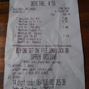 Jack in the Box - My receipt for the Ultimate Bacon Cheeseburger - Fast Food Near Me - San Jose, California