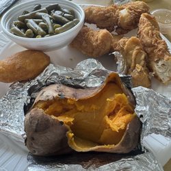 Chicken Tender Dinner with string beans and baked sweet potato