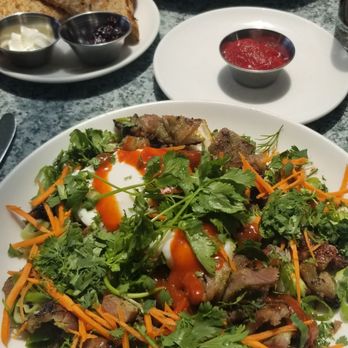 Plums Cafe - Vietnamese Pork and Egg Bowl, Trailblazer Wrap in the back. - Breakfast & Brunch Near Me - Costa Mesa, California
