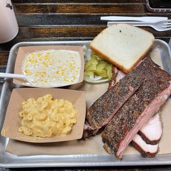 Dee Willie’s BBQ  - 2 meat plate with spare ribs and turkey, mac and cheese, creamed corn - Barbeque Near Me - San Antonio, Texas