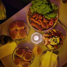 Sliders, fries, pork belly plate Sliders, fries, pork belly plate
