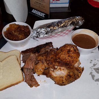 Cooper's Old Time Pit Bar-B-Que - Half BBQ chicken, BBQ beef brisket, grilled corn, pecan pie, baked beans, fresh bread, and an Infamous IPA beer. DELICIOUS! - Barbeque Near Me - Austin, Texas Cooper's Old Time Pit Bar-B-Que - Half BBQ chicken, BBQ beef brisket, grilled corn, pecan pie, baked beans, fresh bread, and an Infamous IPA beer. DELICIOUS! - Barbeque Near Me - Austin, Texas