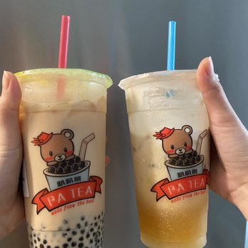 MooMooChaa - Black Tea Latte on the left, Peach Green Tea macchiato cream top on the right - Bubble Tea Near Me - New York, New York MooMooChaa - Black Tea Latte on the left, Peach Green Tea macchiato cream top on the right - Bubble Tea Near Me - New York, New York