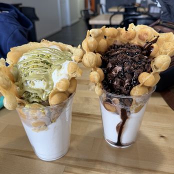 Sweet Stacks - Ashta Pistachio Bubble Waffle and Chocolate Bubble Waffle with brownie bites - Desserts Near Me - Garden City, Michigan Sweet Stacks - Ashta Pistachio Bubble Waffle and Chocolate Bubble Waffle with brownie bites - Desserts Near Me - Garden City, Michigan