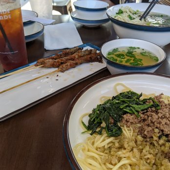 Noodle St - Beef noodles both dry and with soup. Lamb skewers also shown. - Noodles Near Me - Arcadia, California