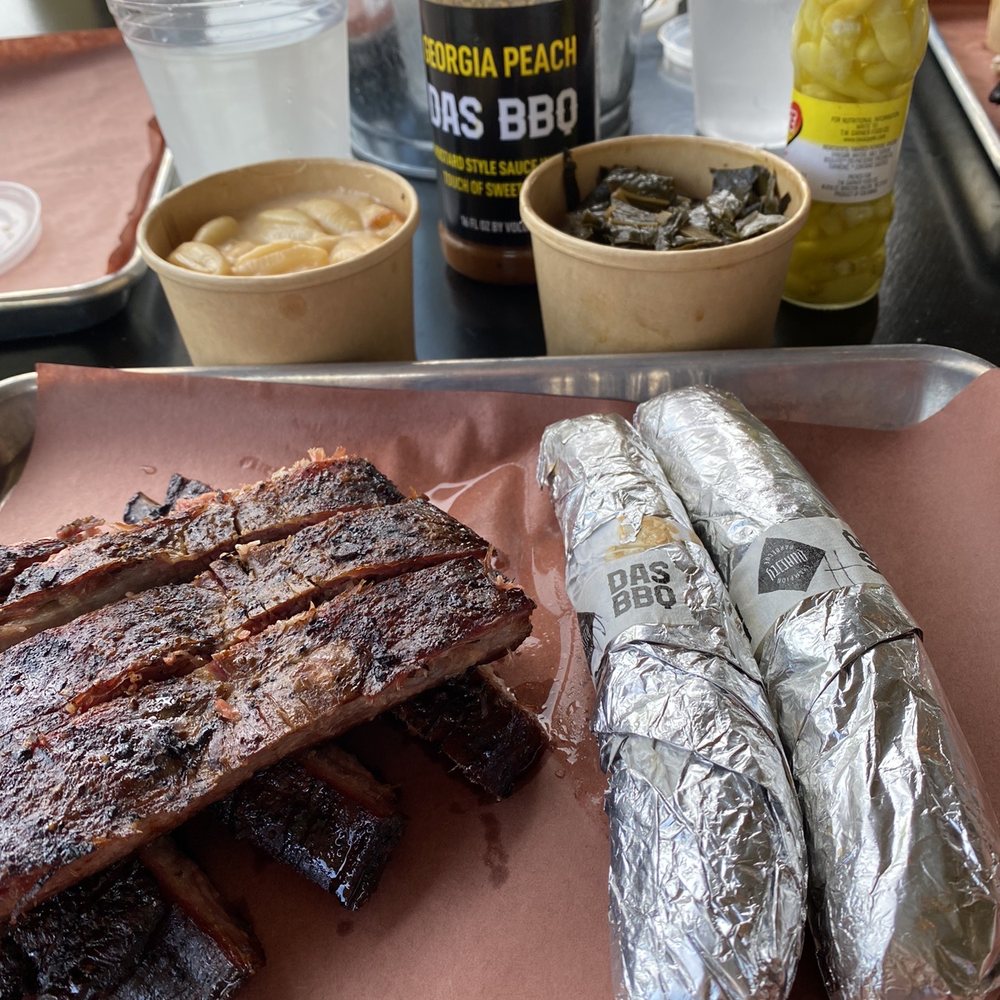 Half rack of ribs, mild and hot sausages, collard greens, Mac and cheese
