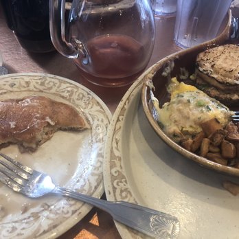 Another Broken Egg Cafe - Floridian Omelette with Potatoes, a Pancake and Black Cherry Mimosa Pitcher - Cafes Near Me - Atlanta, Georgia