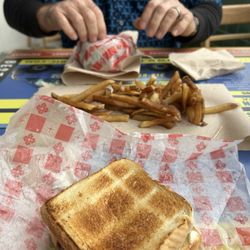 Skinny burger with Swiss and mushrooms on Texas toast. Hand cut fries.