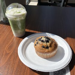 Coffee Beanery - Blueberry cheesecake muffin, iced matcha latte w/ lavender cold foam