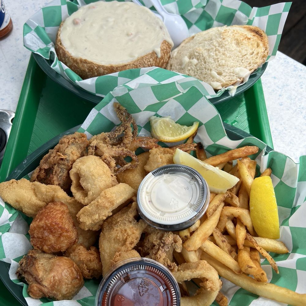 Tognazzini's Dockside Too - Clam chowder bread bowl and Captain's combo platter and chips - Seafood Near Me - Morro Bay, California Tognazzini's Dockside Too - Clam chowder bread bowl and Captain's combo platter and chips - Seafood Near Me - Morro Bay, California