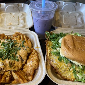 Heritage Eats - The Dirty Fries on the left burger on right - Salad Near Me - Napa, California Heritage Eats - The Dirty Fries on the left burger on right - Salad Near Me - Napa, California