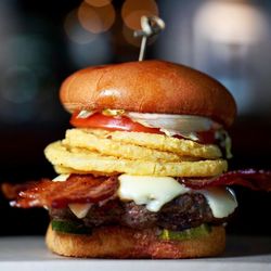 Burtons Grill & Bar - Maxx Burger: allen brothers angus beef, lettuce, tomato, pickles, onion strings, american cheese, special sauce, brioche bun, french fries
