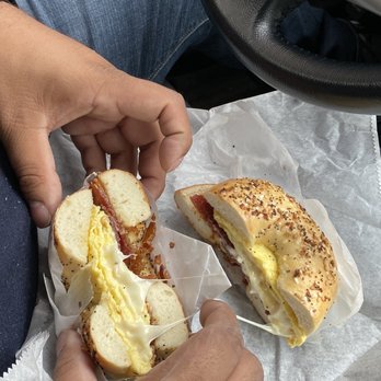 The Bagel Place - Everything bagel with bacon scrambled Egg and Cheese Sandwich - Bagels Near Me - Philadelphia, Pennsylvania