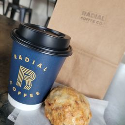 Drip coffee and Cheddar pecan scone