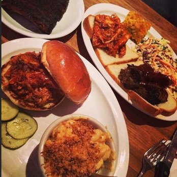 Smoke Daddy - ribs with pulled pork, burnt ends, corn bread and coleslaw.  Pulled chicken sandwich with pickles and mac and cheese. - Barbeque Near Me - Chicago, Illinois