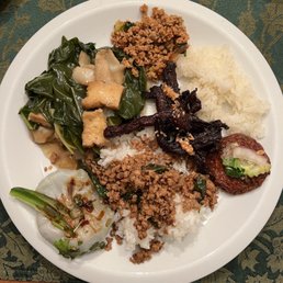 Chive dumpling, chicken basil over rice, Tod mun, fried dried beef and sticky rice, pork larb, tofu lad nar Chive dumpling, chicken basil over rice, Tod mun, fried dried beef and sticky rice, pork larb, tofu lad nar