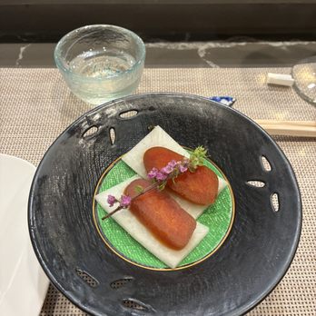 Matsumoto - Karasumi with slice of Daikon under. It balance the saltiness and oiliness of the dried roe - Sushi Bars Near Me - Los Angeles, California