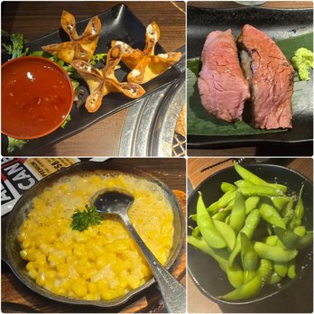 Gyu-Kaku Japanese BBQ - Fried cheese wontons, Gyu-sushi, edamame & cheese corn butter - Barbeque Near Me - Flushing, New York