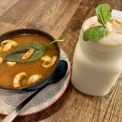 Cafe Soya - Vegan tom yum soup £6.5 and vegan coconut milkshake £4.9.