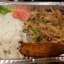 Bistek encebollado with arroz con frijoles (not pictured) with maduro and mini salad Bistek encebollado with arroz con frijoles (not pictured) with maduro and mini salad