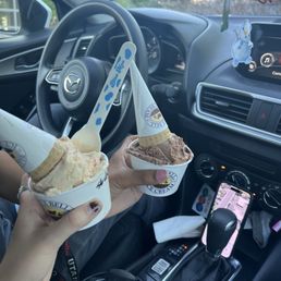 Strawberry cheesecake single scoop and chocolate single scoop