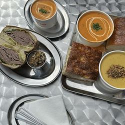 Naked Soup - Sun dried tomato soup, lentil sweet potato coconut curry soup, and roasted beef sandwich