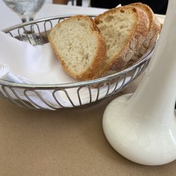 a basket of bread and a glass of water