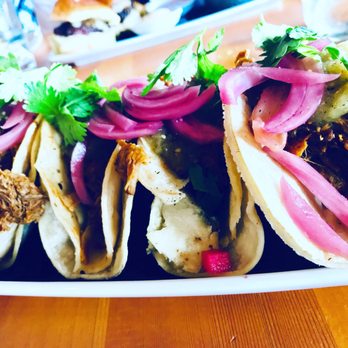 Plank Restobar - Tacos with pulled pork, salsa verde and pickled onions. Yum - Tapas/Small Plates Near Me - Oakville, Ontario Plank Restobar - Tacos with pulled pork, salsa verde and pickled onions. Yum - Tapas/Small Plates Near Me - Oakville, Ontario