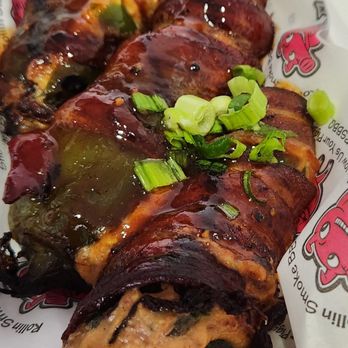 Rollin Smoke Barbeque - Texas Twinkies (jalapeños stuffed brisket, cream cheese, wrapped w bacon and then grilled). Delish!! - Barbeque Near Me - Las Vegas, Nevada Rollin Smoke Barbeque - Texas Twinkies (jalapeños stuffed brisket, cream cheese, wrapped w bacon and then grilled). Delish!! - Barbeque Near Me - Las Vegas, Nevada