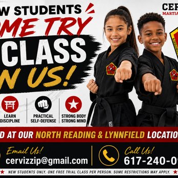 Cervizzi's Martial Arts Academy - Free Class on us!
Email or call us today! - Karate Near Me - North Reading, Massachusetts Cervizzi's Martial Arts Academy - Free Class on us!
Email or call us today! - Karate Near Me - North Reading, Massachusetts