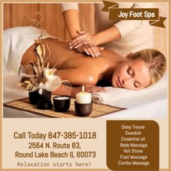 Joy Foot Spa - Massage techniques are commonly applied with hands, fingers,
elbows, knees, forearms, feet, or a device...