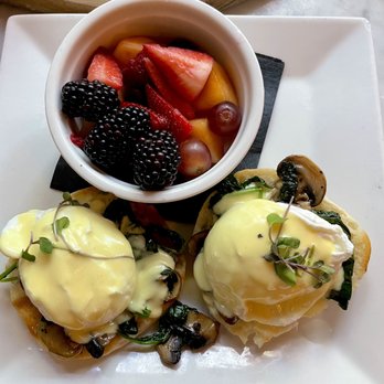J Theodore - Flower Child Benedict with fruit - New American Near Me - Frisco, Texas