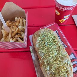 Pistachio beaver tail and poutine
