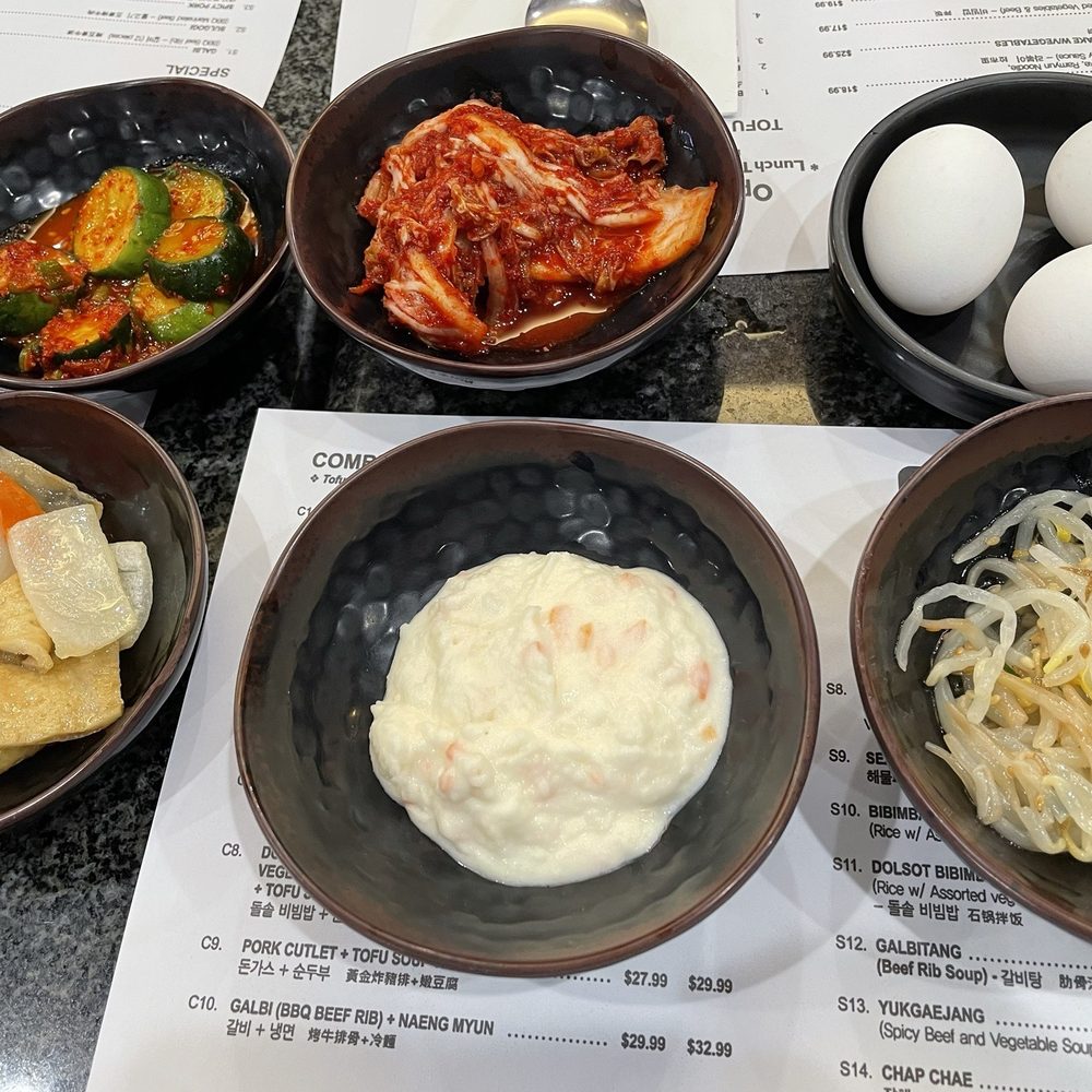 Tofu Bean Korean BBQ - Banchan (assorted) and eggs for the tofu soup - Korean Near Me - Rowland Heights, California