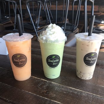 TeaLatte Bar - From left to right: Mango strawberry slush, Green tea Kit-Kat frappe, and regular milk tea with crystal boba - Coffee & Tea Near Me - Carrollton, Texas TeaLatte Bar - From left to right: Mango strawberry slush, Green tea Kit-Kat frappe, and regular milk tea with crystal boba - Coffee & Tea Near Me - Carrollton, Texas