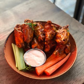 Eureka! - Wings housemade firecracker / sweet orange Chile / beer BBQ / Eureka! bourbon smoked dry rub - American Near Me - Santa Barbara, California Eureka! - Wings housemade firecracker / sweet orange Chile / beer BBQ / Eureka! bourbon smoked dry rub - American Near Me - Santa Barbara, California