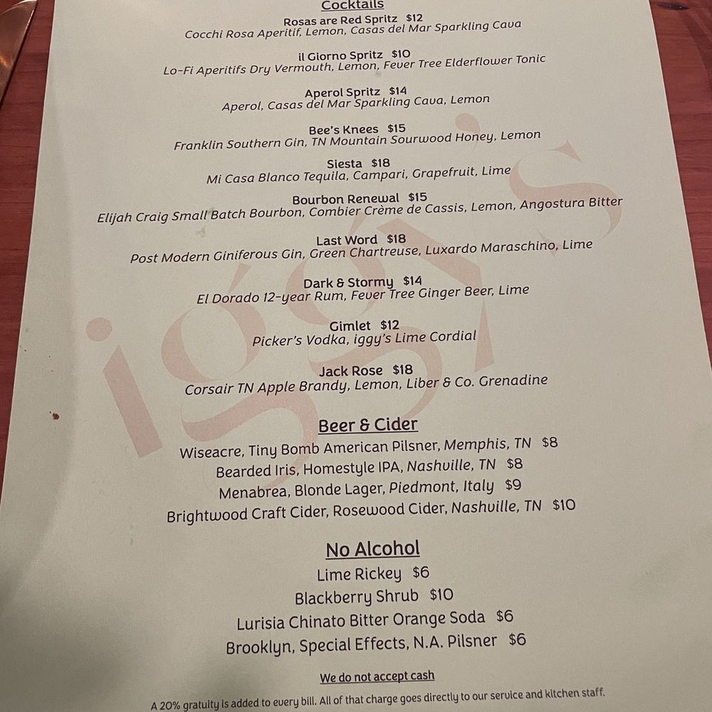 Iggys - Cocktail and Beer Menu - Italian Near Me - Nashville, Tennessee