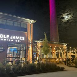 Middle James Brewing at the Power House - Middle James Brewing garage door and awesome patio at night. The lights and fire pit are wonderful!