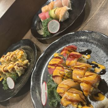 Sapporo Sushi - (Left to Right - back to front) Golden Tigger, Rainbow, and prince! - Japanese Near Me - Long Beach, California Sapporo Sushi - (Left to Right - back to front) Golden Tigger, Rainbow, and prince! - Japanese Near Me - Long Beach, California