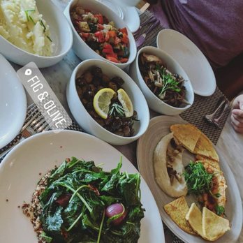 Fig & Olive - Tabouli salad, mashed potatoes, olives, sauteed mushrooms, hummus/baba ganoush appetizer plate, ratatouille - ALL VEGAN - French Near Me - Houston, Texas